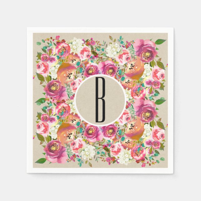 Elegant Blommigt Rustic Chic Kraft Monogram Bröllo Pappersservett (Framsidan)