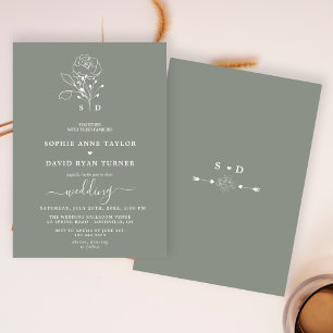 Elegant Blommigt Sage Grönt Boho Monogram Bröllop Inbjudningar