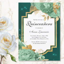 Elegant Blommigt Sage Grönt Emerald Quinceanera Inbjudningar