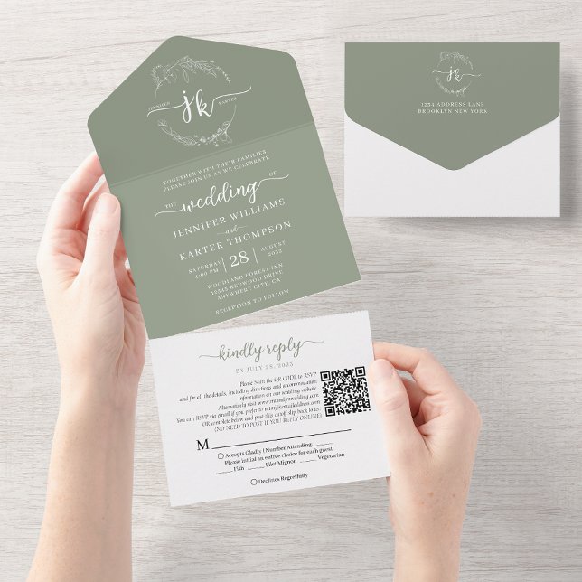 Elegant Blommigt Sage Grönt Monogram QR-kod Bröllo (Skapare uppladdad)