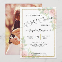 Elegant Blommigt Script Rosa på Guld Möhippa Inbjudningar