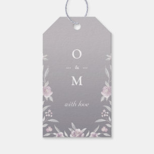 Elegant blommigt silver Chinoiserie bröllop monogr Presentetikett