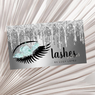 Elegant blommigt silver glitter droppar lash & bro visitkort