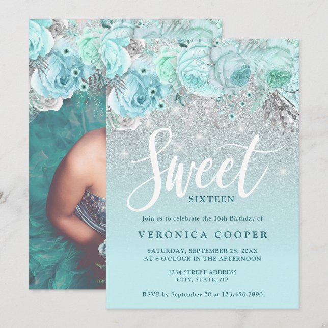 Elegant blommigt silver glitter sweet sixteen inbjudningar (Fram/baksida)