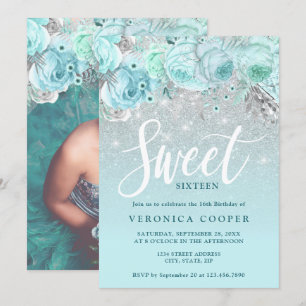 Elegant blommigt silver glitter sweet sixteen inbjudningar