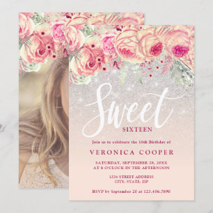 Elegant blommigt silver glitter sweet sixteen inbjudningar