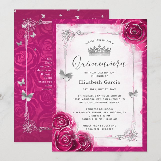 Elegant Blommigt Silver och Fuchsia Quinceanera Inbjudningar (Fram/baksida)