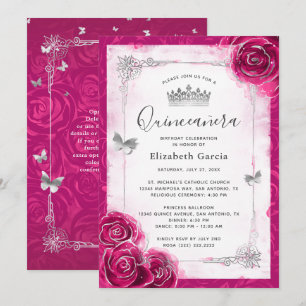 Elegant Blommigt Silver och Fuchsia Quinceanera Inbjudningar