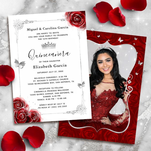 Elegant Blommigt Silver och Red Quinceanera Photo Inbjudningar (Easily add your own photo to the back, or use the space for extra event details.)