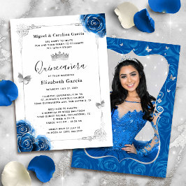 Elegant Blommigt Silver Royal Blue Quinceanera Pho Inbjudningar