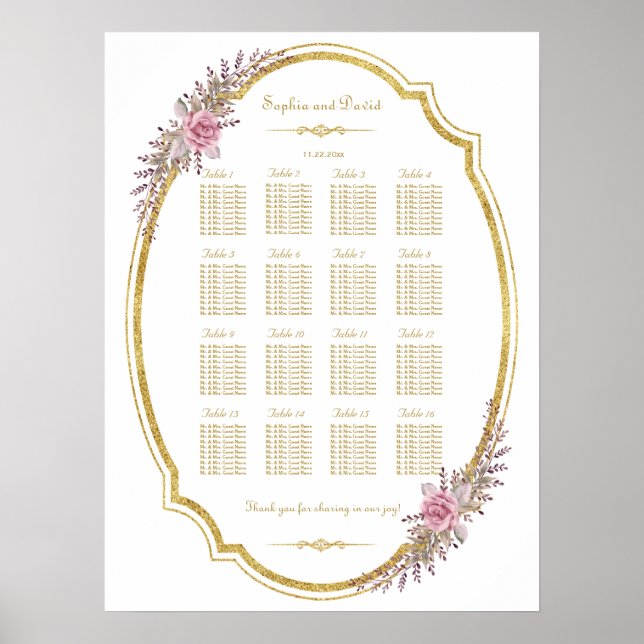 Elegant  Blommigt, sittdiagram över sätet i Guld R Poster (Framsidan)