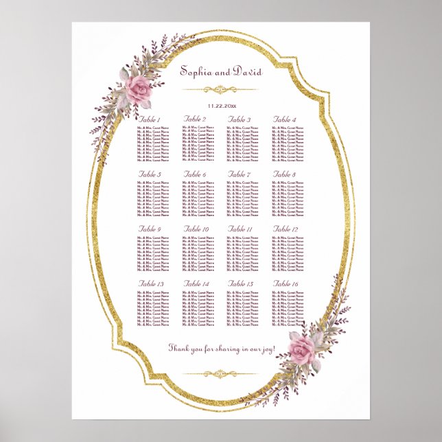 Elegant  Blommigt, sittdiagram över sätet i Guld R Poster (Framsidan)