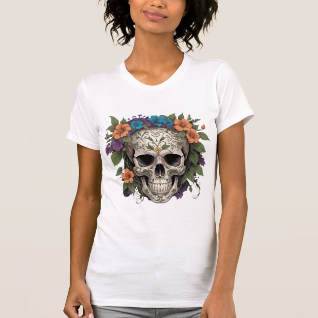 Elegant Blommigt Skullfusion - fet gotin T Shirt (Framsida)