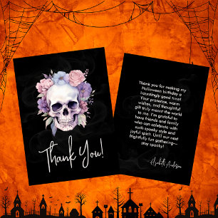 Elegant Blommigt & Skullig Gothic Halloween Birthd Tack Kort