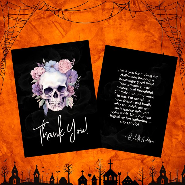 Elegant Blommigt & Skullig Gothic Halloween Birthd Tack Kort (Skapare uppladdad)
