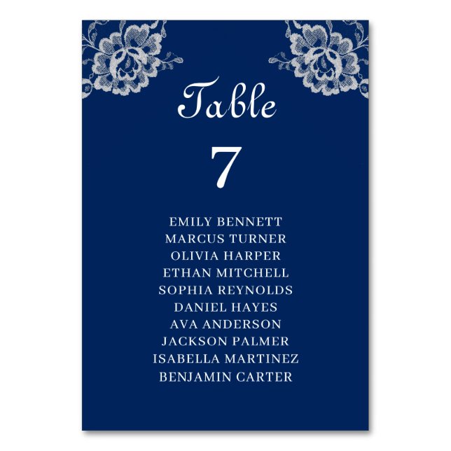 Elegant Blommigt Snöre om marinblått Bröllop Bordsnummer (Framsidan)