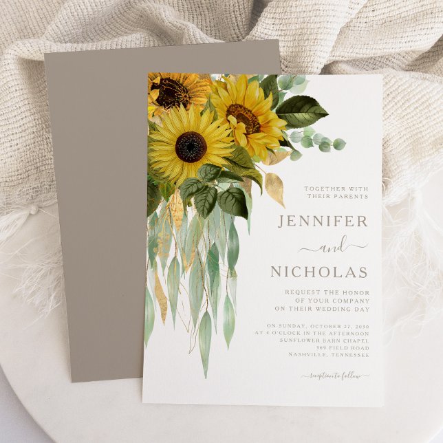 Elegant Blommigt Solblommor Eucalyptus Bröllop Inbjudningar (Elegant Floral Sunflowers Eucalyptus Wedding Invitation)