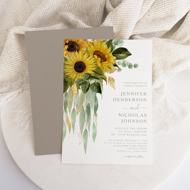 Elegant Blommigt Solblommor Eucalyptus Bröllop Inbjudningar (Elegant Floral Sunflowers Eucalyptus Wedding Invitation)