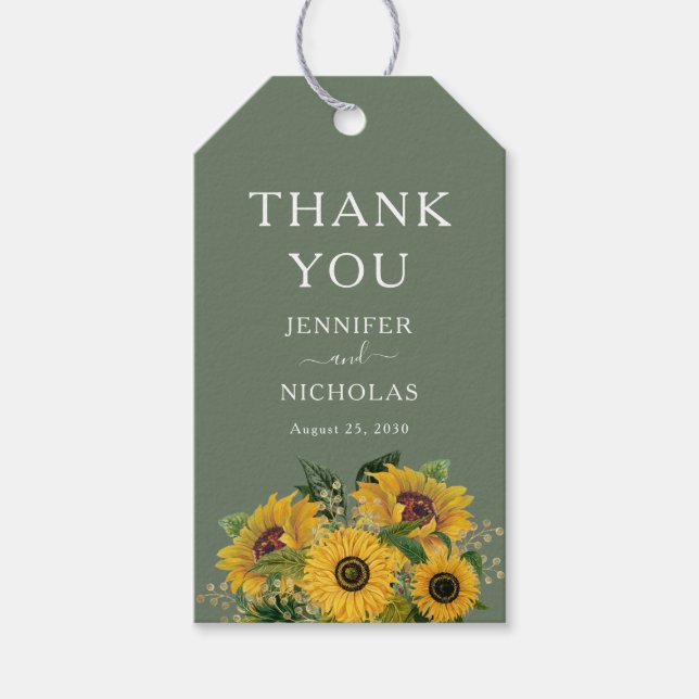 Elegant Blommigt Solblommor Grönt Bröllop Presentetikett (Framsidan)