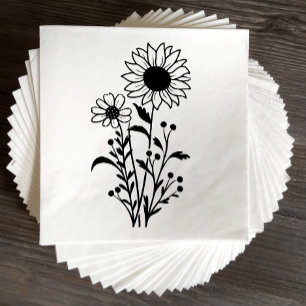 Elegant Blommigt Solros Black White Bröllop Pappersservett