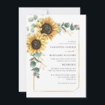 Elegant Blommigt Solros Eucalyptus Bröllop Inbjudningar<br><div class="desc">Skapa ett modernt invigningskort för solrosbröllop med den här söta mallen med vacker rustik blommigt bouquet,  geometrisk guld-effekt ram,  med modern enkel typografi. TIP: Matchande bröllop-svit som OSA,  bröllopsprogram,  banderoller,  tapetik,  presentkort,  skyltar och andra bröllop-kök och märkre-godis finns i samlingen nedan med denna design.</div>