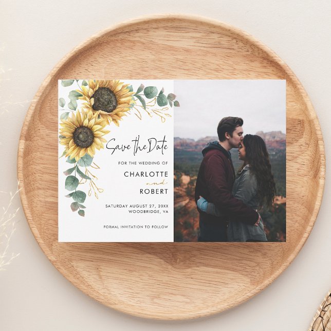 Elegant Blommigt Solrosfoto Bröllop Spara Datumet (Watercolor Sunflower Photo Wedding Save the Date)