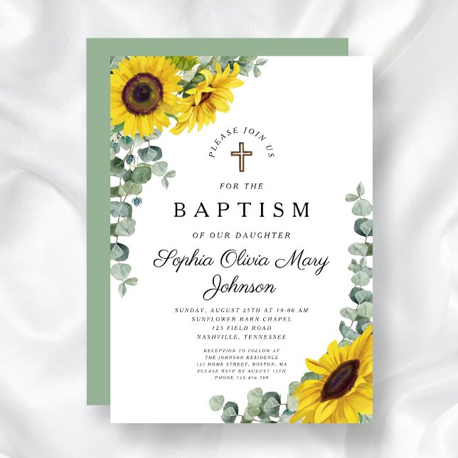 Elegant Blommigt SolrosReligiösa Baptism  Inbjudningar (Elegant Floral Sunflower Religious Baptism Invitation)
