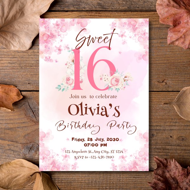 Elegant Blommigt Söt 16:e födelsedagsinbjudan Inbjudningar (Elegant Floral Sweet 16th Birthday Invitation
)