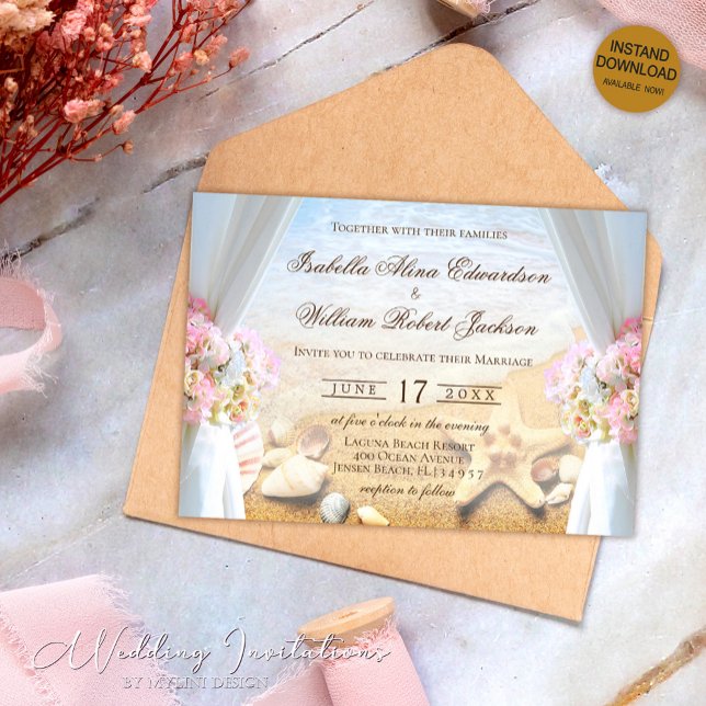 Elegant Blommigt Starfish Tropical Beach Wedding Inbjudningar (Skapare uppladdad)
