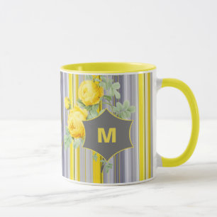 Elegant Blommigt Stimpad Sunny Gult Grått Monogra Mugg