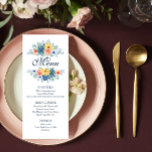 Elegant Blommigt Succulent Macaron Bröllop Meny<br><div class="desc">Den här menykortsdesignen har färgstark elegant vattenfärg vår blommor i mjuk teal, blått, korall och gult med grönt löv på vit bakgrund med personlig-menyn nedan. Texten kan vara personlig genom att textrutorna redigeras. Du kan ändra färg på menyns baksida i redigeraren. Designad för dig av Evco Studio © på www.zazzle.com/store/evcostudio...</div>