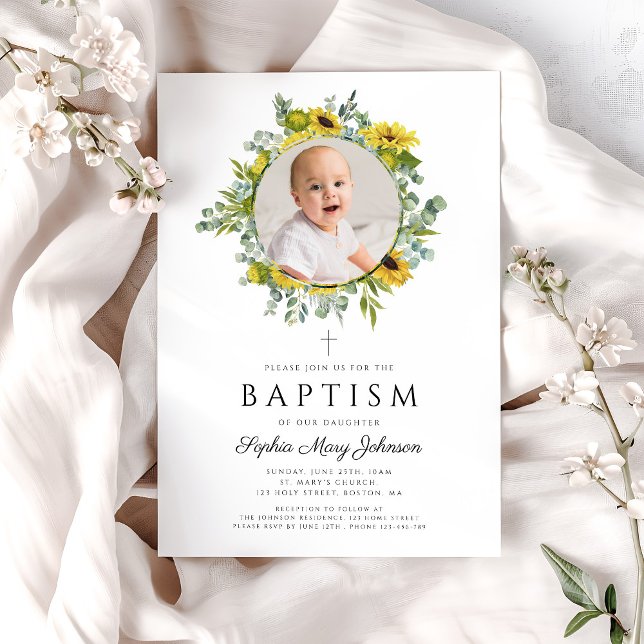 Elegant Blommigt SunblommGirl Photo Baptism Inbjudningar (Elegant Floral Sunflowers Girl Photo Baptism Invitation)