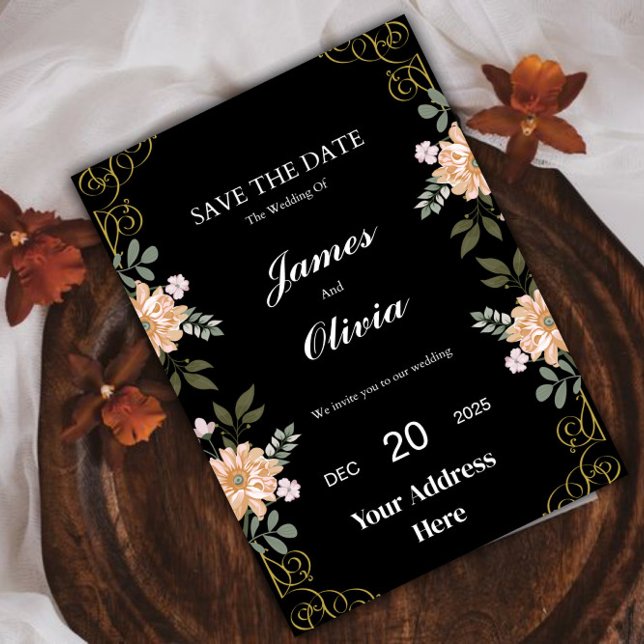 Elegant Blommigt Svart och Guld bröllopsinbjudan Inbjudningar (Wedding Invitation )