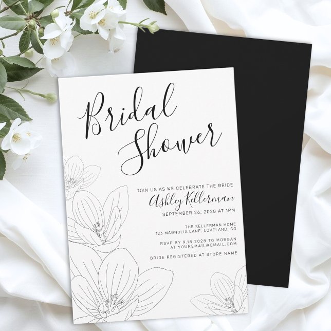 Elegant Blommigt Svartvit Möhippa Inbjudningar (Elegant Floral Black White Bridal Shower Invitation)
