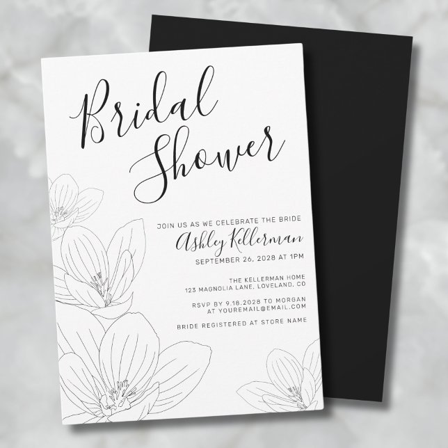 Elegant Blommigt Svartvit Möhippa Inbjudningar (Elegant Floral Black White Bridal Shower Invitation)