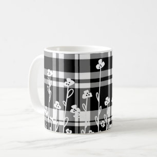 Elegant blommigt svartvit plaid mönster kaffemugg