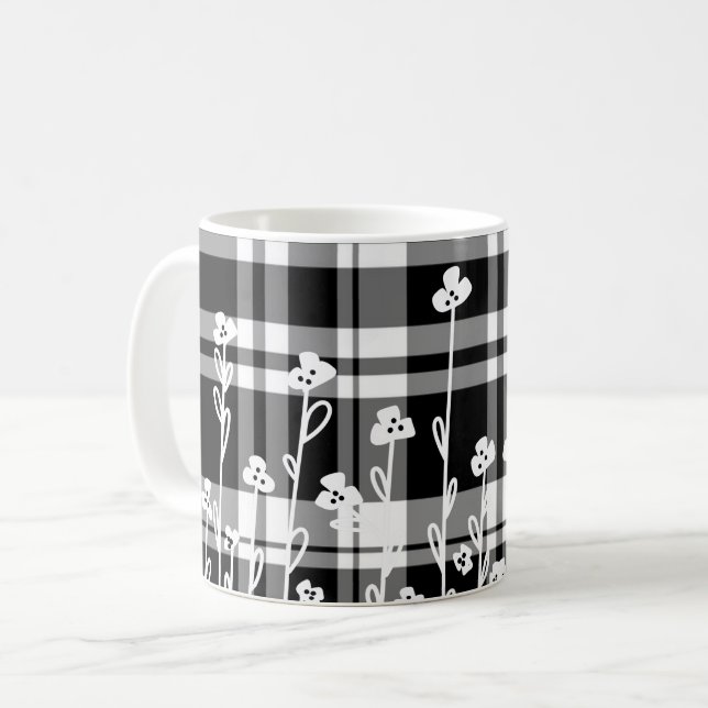 Elegant blommigt svartvit plaid mönster kaffemugg (Framsida vänster)