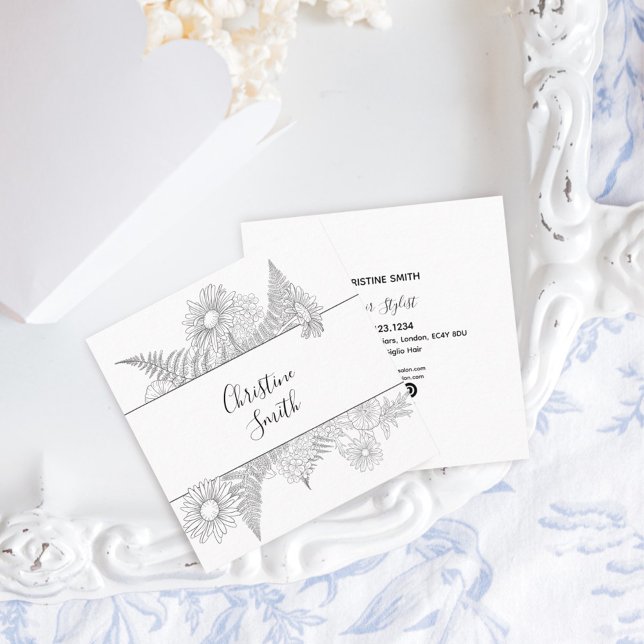 Elegant Blommigt, svartvitt Fyrkantigt Visitkort (Skapare uppladdad)