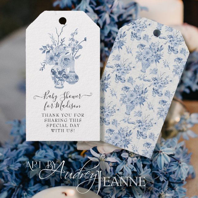 Elegant Blommigt Tack Blue Girl Baby Shower Presentetikett (Skapare uppladdad)