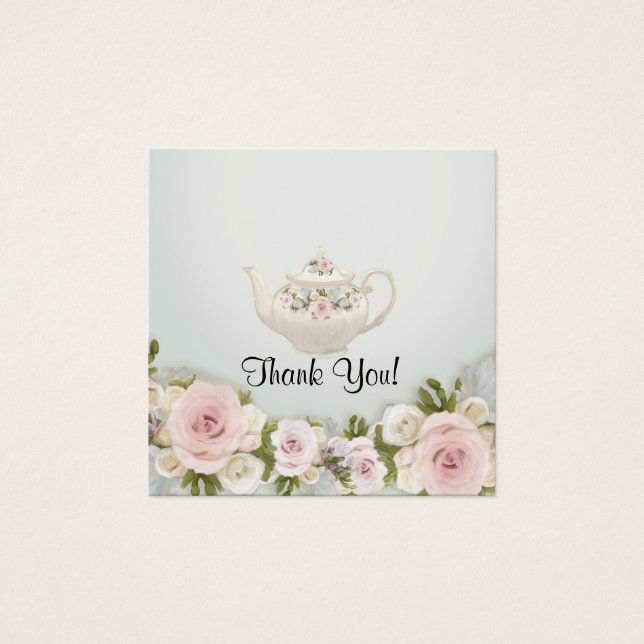 Elegant Blommigt Tea Pot Sage Rosa ros Gift Märkre Fyrkantigt Visitkort (Framsida)