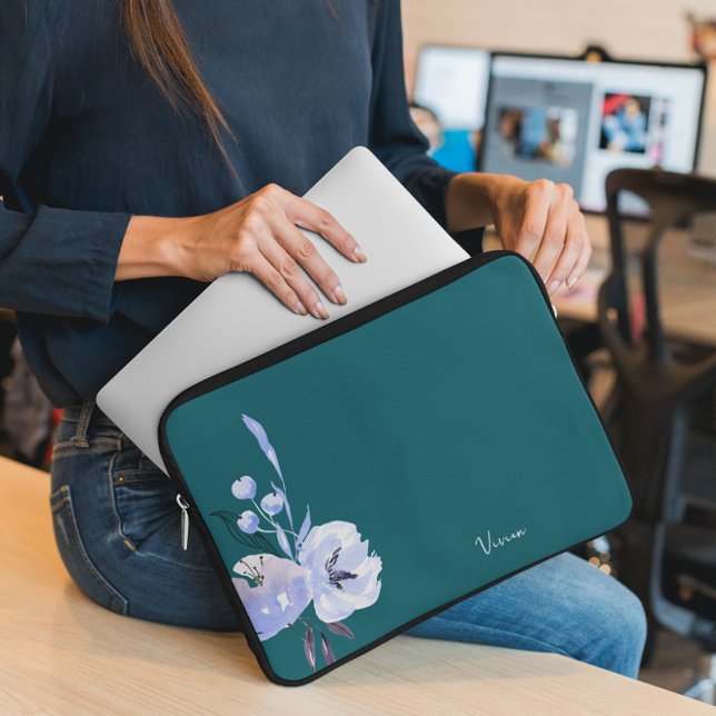 Elegant Blommigt Teal Abstrakt Laptop Fodral (Skapare uppladdad)