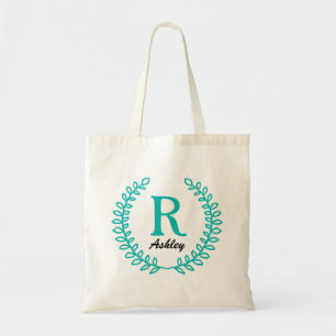 Elegant Blommigt Teal Monogram Tote Tygkasse