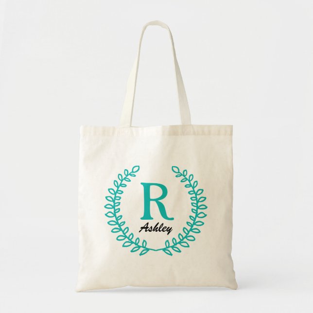 Elegant Blommigt Teal Monogram Tote Tygkasse (Framsidan)