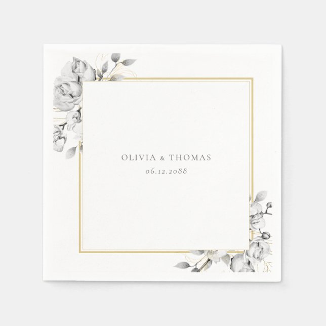 Elegant Blommigt Teckning Guld Ram Rustic Bröllop Pappersservett (Framsidan)