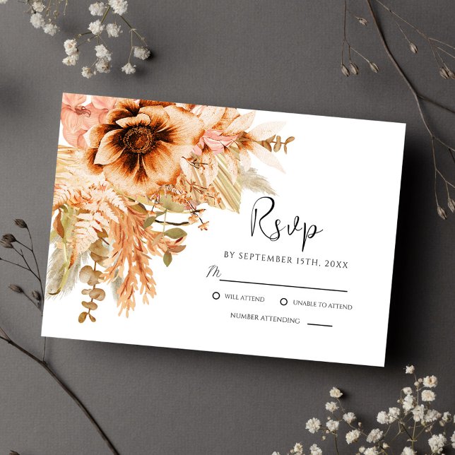 Elegant Blommigt Terracotta Fall Wedding OSA Kort (Elegant Floral Terracotta Fall Wedding RSVP Card)