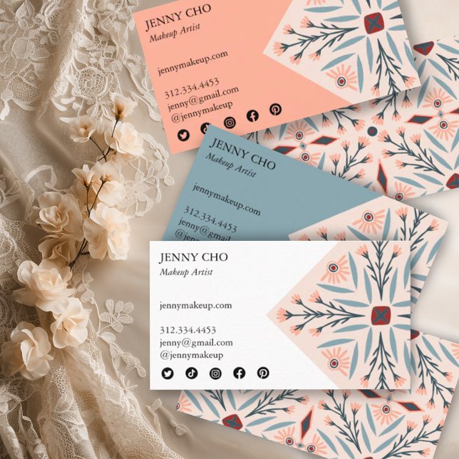 Elegant Blommigt Tiles Geometric Rosa Beauty Visitkort (Handmade pretty elegant pattern on these custom business cards with social media icons)