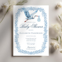 Elegant Blommigt Toile Ram Blue Stork Baby Shower