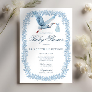 Elegant Blommigt Toile Ram Blue Stork Baby Shower Inbjudningar