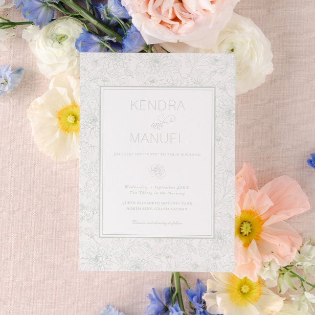 Elegant Blommigt Toile Sage Grönt Bröllop Inbjudningar (Skapare uppladdad)