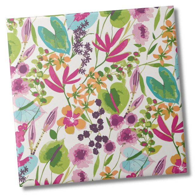 Elegant Blommigt Tropical Mönster Kakelplatta (Pink Blue Green Modern Vintage Floral Tropical Ceramic Tile)